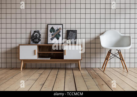 Nizhniy Novgorod, Russia - Aprile 5, 2019: Photo Studio 2.8. Scandinavian-style room con piastrelle sulla parete. Foto Stock