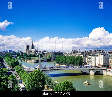 Senna, Pont de la Tournelle bridge, la cattedrale di Notre Dame di Parigi nella distanza, Ile de la Cité isola, Parigi, Francia, Europa Foto Stock