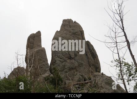 Massi di granito e le formazioni rocciose a cruna dell'ago, un tunnel di roccia in corrispondenza degli aghi autostrada, Custer County, South Dakota. Foto Stock