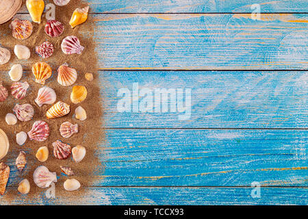 Orario estivo concetto con conchiglie di mare su un blu sullo sfondo di legno e sabbia. Seashells telaio su sfondo di legno confine nautico. Focus su seashells. Foto Stock