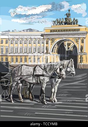 Vista su due cavalli e carrozze, l'Arco di Trionfo sulla Piazza del Palazzo a San Pietroburgo, Russia. Punto di riferimento di San Pietroburgo. Colorate ve isolato Illustrazione Vettoriale