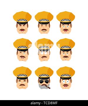 Taxi driver impostato gli Emoji avatar. triste e volto arrabbiato. colpevole e dormire. Tassista sleeping emozione faccia. Cabdriver illustrazione vettoriale Illustrazione Vettoriale