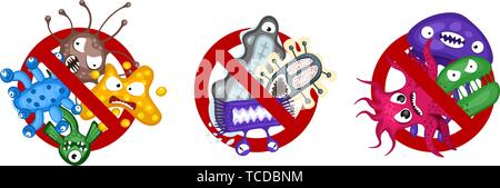 Fermare la diffusione del virus set di simboli. Cartoon caratteri di germe isolato illustrazione vettoriale su sfondo bianco. Carino fly infezione da batteri carattere. Microbe Illustrazione Vettoriale
