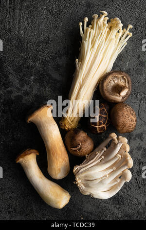 Fresca foresta mista di funghi sul legno nero tabella, vista dall'alto. Spazio di copia Foto Stock