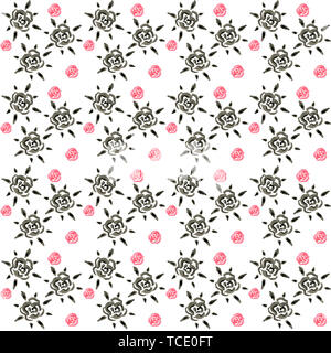 Acquerello disegnata a mano fiori colorati pattern. Colore nero clip art fiori, Doodle illustrazione su sfondo bianco Foto Stock