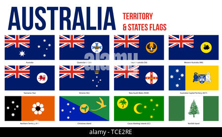 Australia tutti gli Stati e territori interna ed esterna di territorio bandiere illustrazione vettoriale su sfondo bianco. Foto Stock