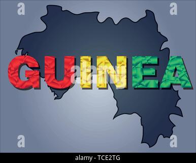 I contorni del territorio della Guinea e parola nei colori della bandiera nazionale, verde, giallo e rosso. Africa il continente Illustrazione Vettoriale
