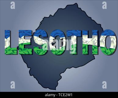 I contorni del territorio del Lesotho e Lesotho parola nei colori della bandiera nazionale, verde, bianco e blu. Africa il continente Illustrazione Vettoriale