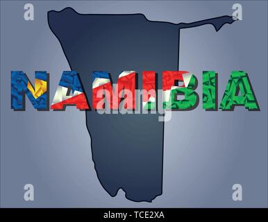 I contorni del territorio della Namibia e della Namibia parola nei colori della bandiera nazionale, verde, bianco, blu e rosso. Africa il continente Illustrazione Vettoriale