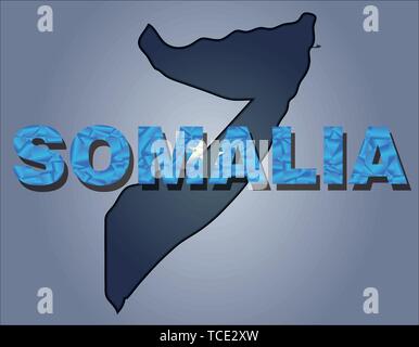 I contorni del territorio della Somalia e la Somalia parola nei colori della bandiera nazionale, blu e bianco. Africa il continente Illustrazione Vettoriale