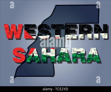 I contorni del territorio del Sahara occidentale e nel Sahara Occidentale parola nei colori della bandiera nazionale, rosso, bianco, nero e verde. Africa il continente Illustrazione Vettoriale