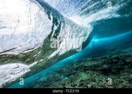 Vista subacquea di una rottura d'onda su una scogliera di corallo, Maldive Foto Stock