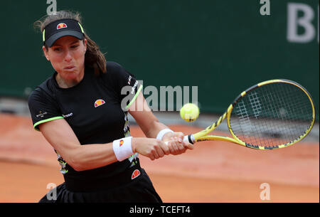 Johanna Konta durante la donna Semi finale degli Open di Francia al Roland Garros di Parigi. Foto Stock