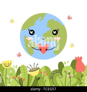 Felice Giornata della Terra. Cartoon carino divertente kawaii carattere. Illustrazione Vettoriale. Illustrazione Vettoriale