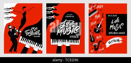 Festival di musica Jazz poster con strumenti musicali (Pianoforte, tubo, chitarra, violoncello, sassofono, microfono e trombe). International Jazz giorno. Vettore Illustrazione Vettoriale