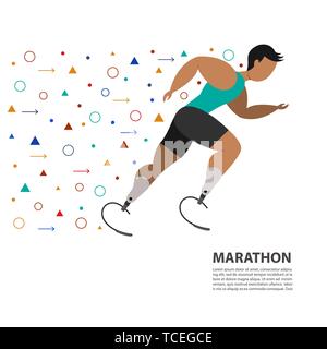 Atleta con una gamba bio protesi su uno sfondo bianco. Uomo che corre. Marathon gara di corsa. Illustrazione Vettoriale