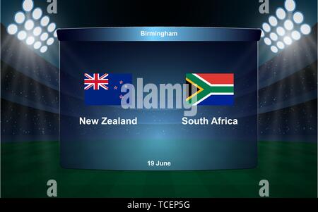 Nuova Zelanda vs Sud Africa cricket scoreboard broadcast modello grafico Illustrazione Vettoriale