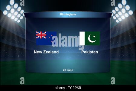 Nuova Zelanda vs Pakistan cricket scoreboard broadcast modello grafico Illustrazione Vettoriale