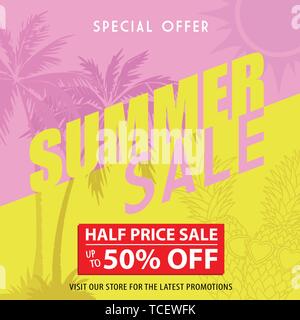 Estate Vendita banner modello di progettazione. Offerta speciale a metà prezzo promozione vendita, fino al 50% di sconto. Cornice quadrata. Illustrazione Vettoriale. Illustrazione Vettoriale