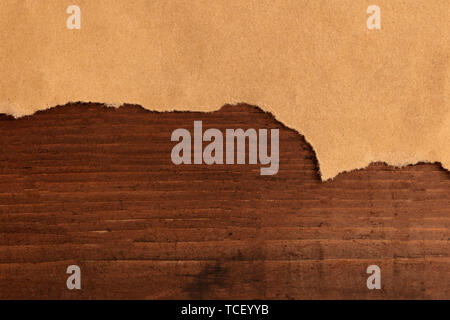 Un pezzo di strappata marrone carta craft, girato da sopra al buio su un rustico sfondo di legno, un design grunge con copyspace Foto Stock