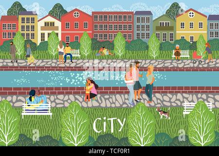 La gente della città. Carino cityscape illustrazione vettoriale con persone, fiume, edifici, case e alberi. Scena urbana disegno Illustrazione Vettoriale