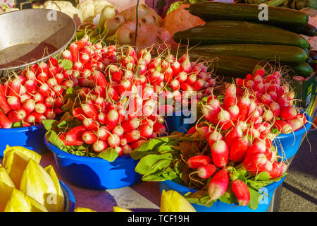 Il Ravanello di piccole dimensioni in vendita in un mercato francese, in Le-Bois-de-Oingt, Beaujolais, dipartimento del Rodano, Francia Foto Stock