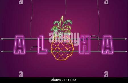 Testo al neon ananas segno vettore. Aloha Summer Party poster banner Illustrazione Vettoriale