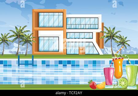 Casa moderna con piscina vettore. Architettura facciata estate natura ambiente Illustrazione Vettoriale
