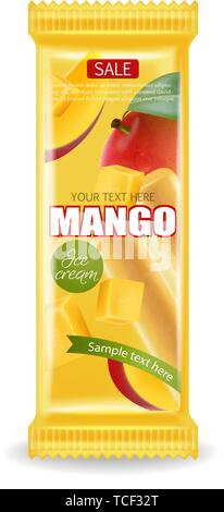 Gelato al mango vettore pacchetto realistico. Prodotto Etichetta di posizionamento design. Gli elementi dettagliati. 3d illustrazione Illustrazione Vettoriale