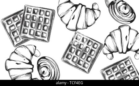 Modello di caramelle linea del vettore stile d'arte. Gelato, croissant, frittelle illustrazione Illustrazione Vettoriale