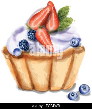 Tortina invito vettore isolato acquerello. La fragola e mirtillo cupcake dolci Illustrazione Vettoriale