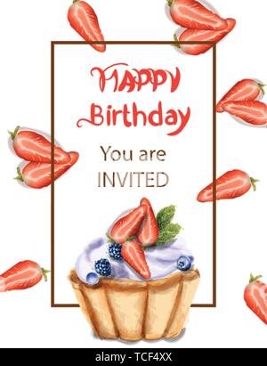 Tortina di compleanno invito vettore carta acquerello. La fragola e mirtillo cupcake dolci Illustrazione Vettoriale