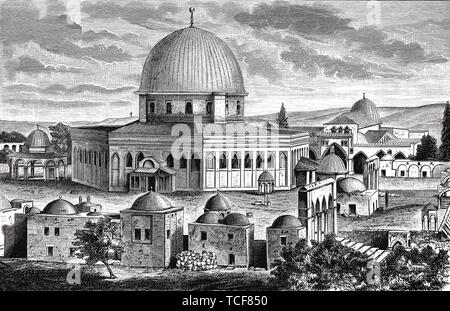 La Moschea di Al-Aqsa e Cupola della roccia, Die Moschee El Aksa, al-Aqsa-Moschee, und Es Sakrah, Felsendom, Gerusalemme, 1860, storico xilografia, Israele, Asia Foto Stock