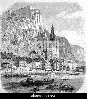 Dinant, una città vallone e il comune si trova sul fiume Mosa nella provincia belga di Namur, 1860, storico xilografia, Belgio, Europa Foto Stock