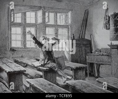 Uno scolaro ha di sedersi da soli dopo la scuola in aula e si allunga dalla fatica, 1880, storico xilografia, Germania, Europa Foto Stock