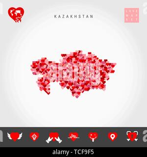 Io amo il Kazakistan. Rosso e Cuori rosa Pattern mappa vettoriale del Kazakistan isolato su sfondo grigio. Amore Icon Set. Illustrazione Vettoriale