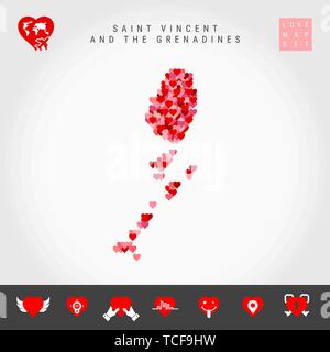 Io amo Saint Vincent e Grenadine. Rosso e Cuori rosa modello mappa vettore isolato su sfondo grigio. Amore Icon Set. Illustrazione Vettoriale