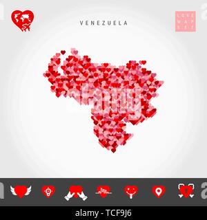 Io amo il Venezuela. Rosso e Cuori rosa Pattern mappa vettoriale del Venezuela isolato su sfondo grigio. Amore Icon Set. Illustrazione Vettoriale