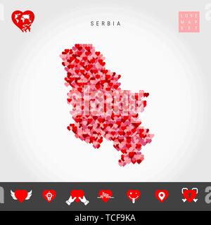 Io amo la Serbia. Rosso e Cuori rosa Pattern mappa vettoriale della Serbia isolata su sfondo grigio. Amore Icon Set. Illustrazione Vettoriale