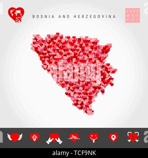 Io amo la Bosnia ed Erzegovina. Rosso e Cuori rosa Pattern mappa vettoriale della Bosnia e Erzegovina isolato su sfondo grigio. Amore Icon Set. Illustrazione Vettoriale