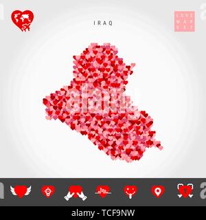 Io amo l'Iraq. Rosso e Cuori rosa Pattern mappa vettoriale dell'Iraq isolato su sfondo grigio. Amore Icon Set. Illustrazione Vettoriale