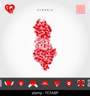 Io amo l'Albania. Rosso e Cuori rosa Pattern mappa vettoriale di Albania isolato su sfondo grigio. Amore Icon Set. Illustrazione Vettoriale