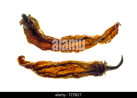 Backlit essiccato peperoncino isolati su sfondo bianco. Foto Stock
