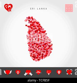 Io amo lo Sri Lanka. Rosso e Cuori rosa Pattern mappa vettoriale dello Sri Lanka isolato su sfondo grigio. Amore Icon Set. Illustrazione Vettoriale
