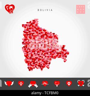 Io amo la Bolivia. Rosso e Cuori rosa Pattern mappa vettoriale della Bolivia isolato su sfondo grigio. Amore Icon Set. Illustrazione Vettoriale