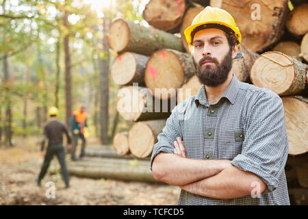 Forest lavoratore o lavoratore forestale caricamento registri lungo sui legni lunghi carrello Foto Stock