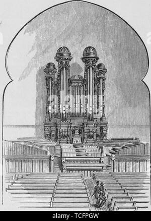 Incisione del grande organo nel tabernacolo mormone, Temple Square, Salt Lake City, Utah, dal libro "pacifico" turistici da Henry T. Williams, 1878. La cortesia Internet Archive. () Foto Stock