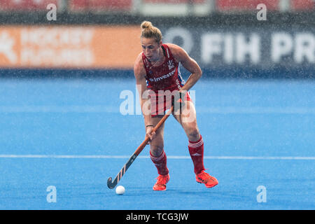 Londra, Regno Unito. 07 GIU, 2019. Susannah Townsend di Canterbury (GBR) in azione durante il connettore FIH Pro League match tra Gran Bretagna vs Germania (uomini) a Lea Valley Hockey e il Centro Tennis di Venerdì, Giugno 07, 2019 a Londra Inghilterra. (Solo uso editoriale, è richiesta una licenza per uso commerciale. Nessun uso in scommesse, giochi o un singolo giocatore/club/league pubblicazioni. Credito: Taka Wu/Alamy Live News Foto Stock