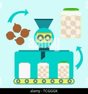 Sottaceti della produzione in serie. Onion sottaceti della produzione in serie. Cipolle fresche in fase di elaborazione. Imbottigliato Cipolline borretane. Illustrazione Vettoriale