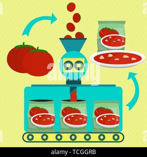 Zuppa di pomodoro serie linea di produzione. La fabbrica di polvere di zuppa di pomodoro. Pomodoro Fresco in lavorazione e confezionamento. Piatto di zuppa con crostini e un trito di pa Illustrazione Vettoriale